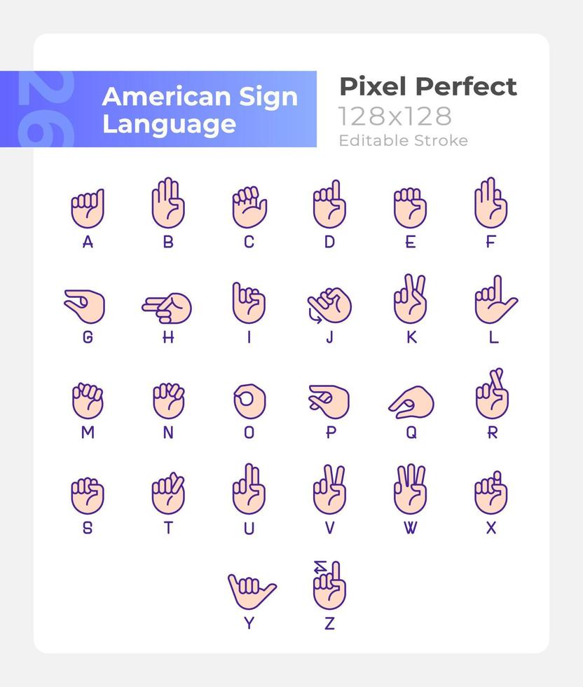 Letters in American sign language pixel perfect RGB color icons set. Isolated vector illustrations. Simple filled line drawings collection. Editable stroke. Montserrat Bold, Light fonts used