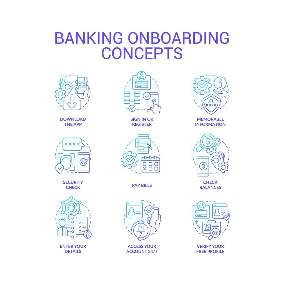 conjunto de iconos de concepto de gradiente azul del proceso de incorporación bancaria. billetera web. transacciones financieras idea en línea ilustraciones en color de línea delgada. símbolos aislados. roboto-medium, innumerables fuentes pro-bold utilizadas vector