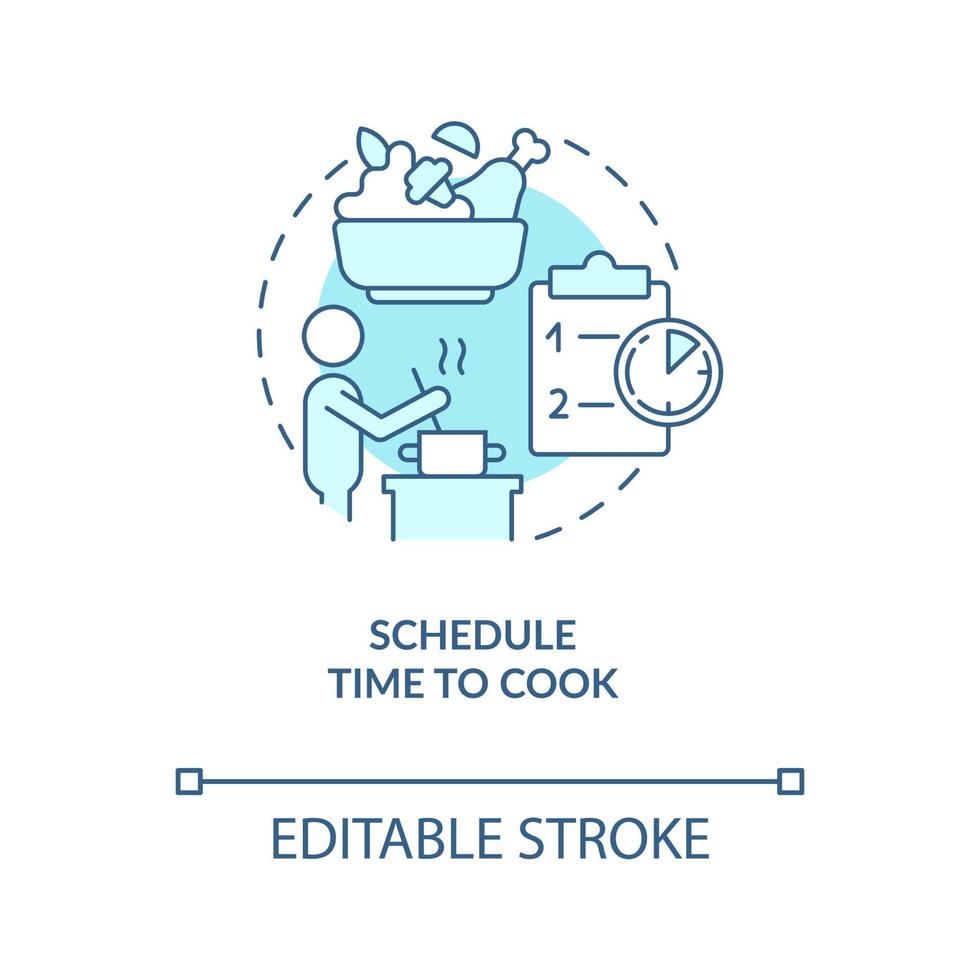 Schedule time to cook turquoise concept icon. Organize work breaks abstract idea thin line illustration. Isolated outline drawing. Editable stroke. Arial, Myriad Pro-Bold fonts used vector