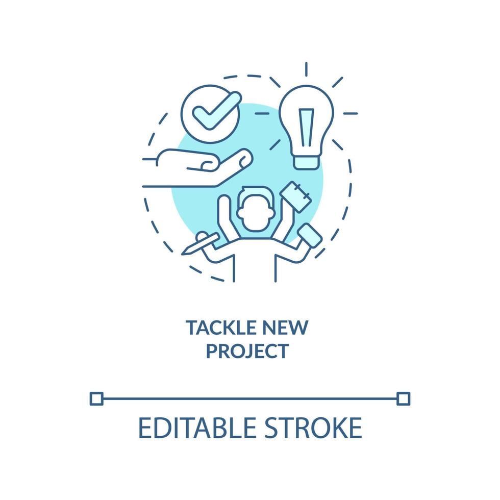 Tackle new project turquoise concept icon. Boost employee productivity abstract idea thin line illustration. Isolated outline drawing. Editable stroke. Arial, Myriad Pro-Bold fonts used vector