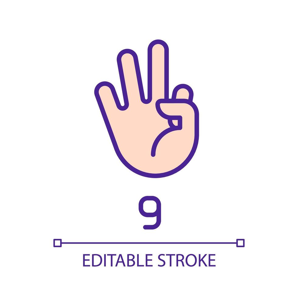 Signing digit nine in ASL pixel perfect RGB color icon. Non verbal language system. Communication. Isolated vector illustration. Simple filled line drawing. Editable stroke. Arial font used