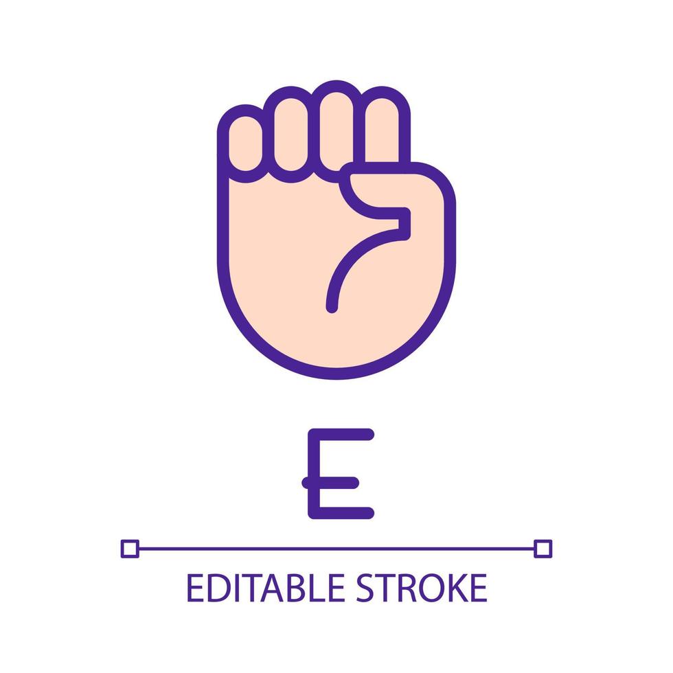 Letter E visualization in ASL pixel perfect RGB color icon. People with deafness support. Isolated vector illustration. Simple filled line drawing. Editable stroke. Arial font used