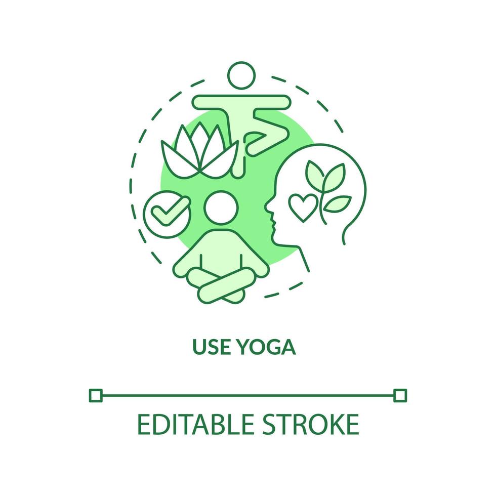 Use yoga at workplace green concept icon. Work breaks. Physical activities abstract idea thin line illustration. Isolated outline drawing. Editable stroke. Arial, Myriad Pro-Bold fonts used vector