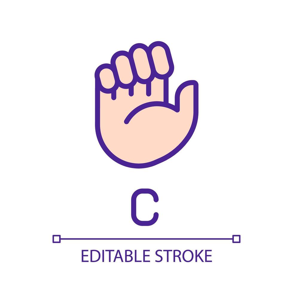 Sign for letter C in ASL pixel perfect RGB color icon. Nonverbal communication. Visual system. Isolated vector illustration. Simple filled line drawing. Editable stroke. Arial font used
