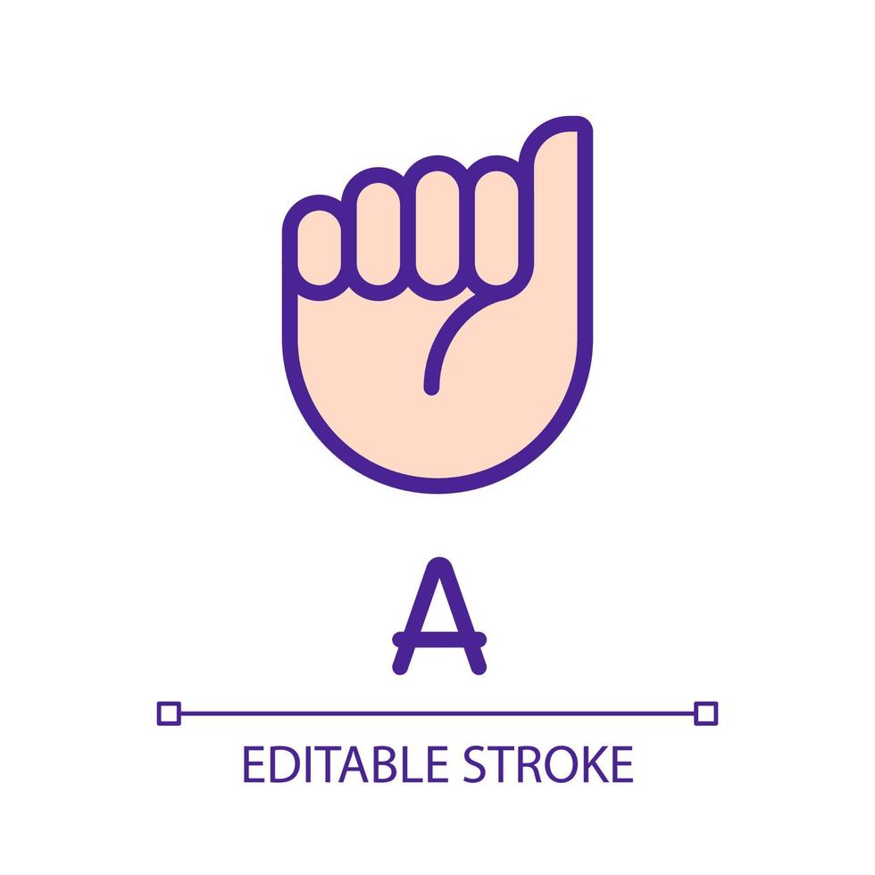 Letter A in American sign language pixel perfect RGB color icon. Nonverbal communication system. Isolated vector illustration. Simple filled line drawing. Editable stroke. Arial font used