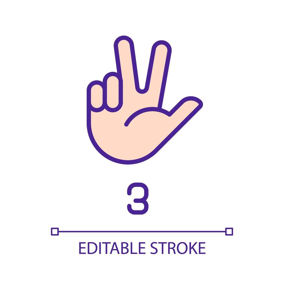 Signing digit three in ASL pixel perfect RGB color icon. Nonverbal communication system. Gesturing. Isolated vector illustration. Simple filled line drawing. Editable stroke. Arial font used