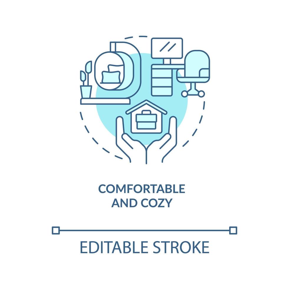 Comfortable and cozy workplace turquoise concept icon. Remote work advantages abstract idea thin line illustration. Isolated outline drawing. Editable stroke. Arial, Myriad Pro-Bold fonts used vector