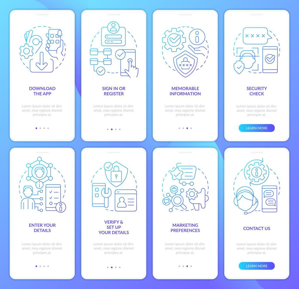 Net banking online blue gradient onboarding mobile app screen set. Registration walkthrough 4 steps graphic instructions with linear concepts. UI, UX, GUI template. Myriad Pro-Bold, Regular fonts used vector