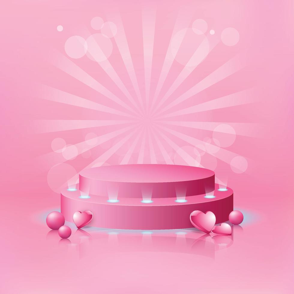 Blank exhibition display stage podium with Valentines hearts for mockup in pastel pink theme color, vector illustration