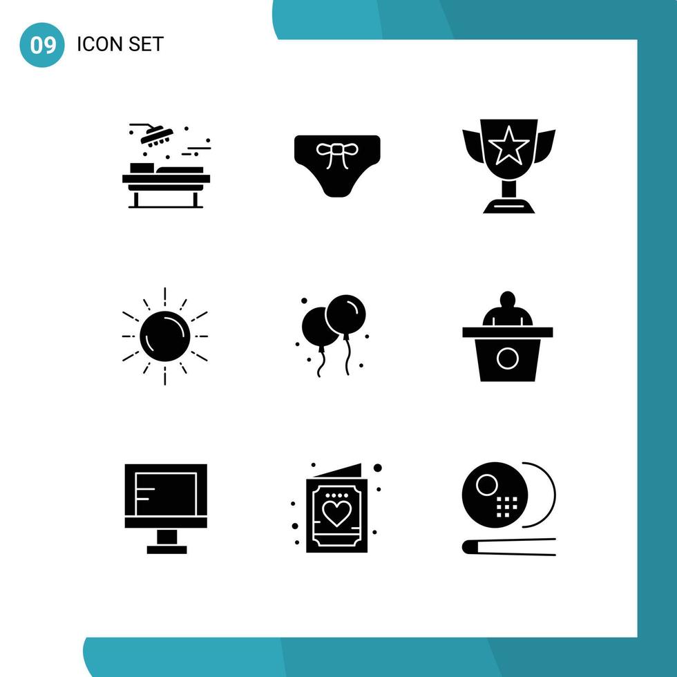 Pack of 9 Modern Solid Glyphs Signs and Symbols for Web Print Media such as astronomy space clothing sun prize Editable Vector Design Elements