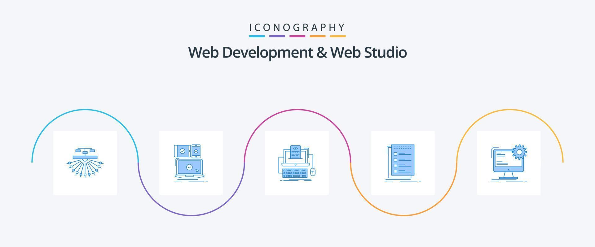 desarrollo web y paquete de iconos azul 5 de estudio web que incluye la lista. controlar. sensible. pantalla. computadora vector