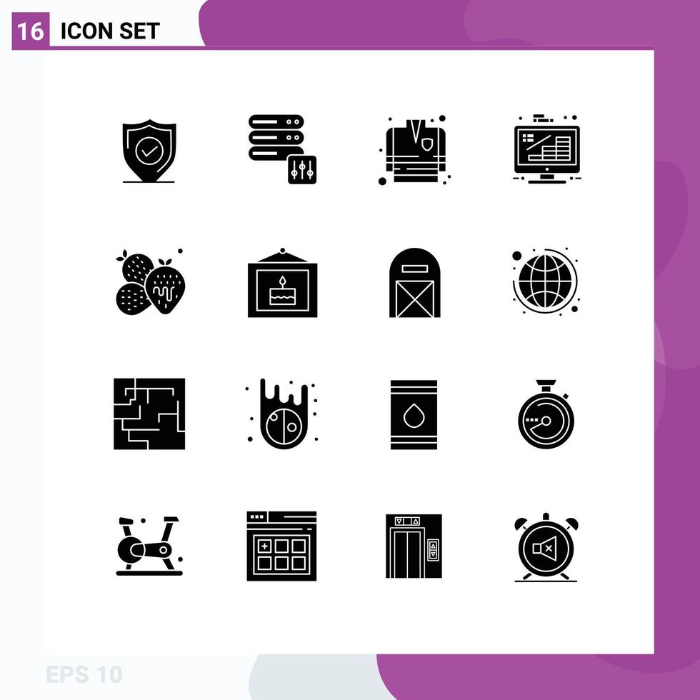 Modern Set of 16 Solid Glyphs Pictograph of fruit pineapple fire fighting coat management finance Editable Vector Design Elements