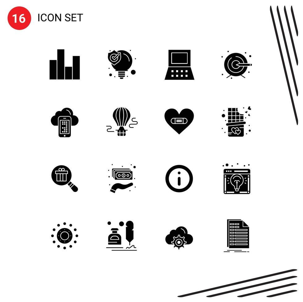 Group of 16 Modern Solid Glyphs Set for mobile cloud solution target creative Editable Vector Design Elements