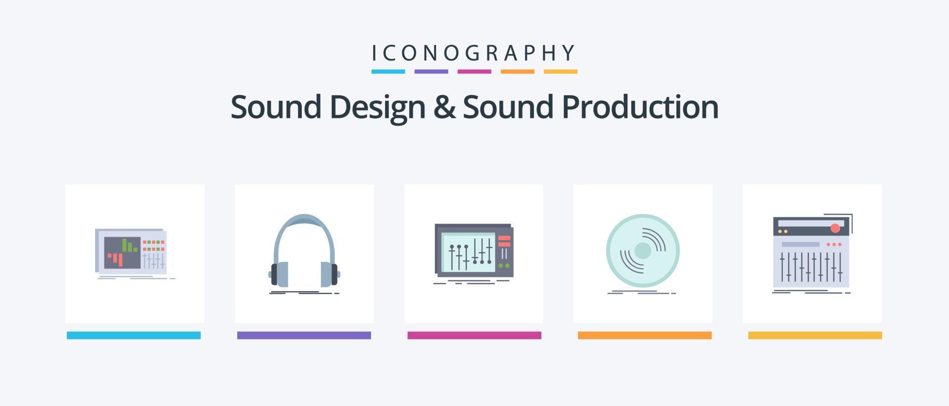 Diseño de sonido y paquete de iconos planos de 5 producción de sonido que incluye fonógrafo. desct. monitor. estudio. mezclador. diseño de iconos creativos vector