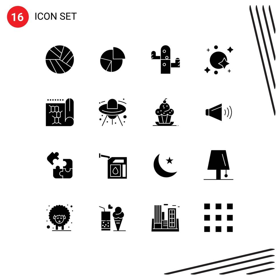 Pack of 16 Modern Solid Glyphs Signs and Symbols for Web Print Media such as space galaxy pie astronomy nature Editable Vector Design Elements