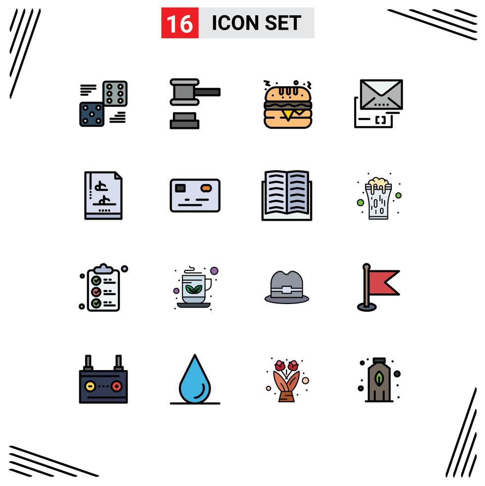 16 Universal Flat Color Filled Line Signs Symbols of music mail tools email attachment Editable Creative Vector Design Elements