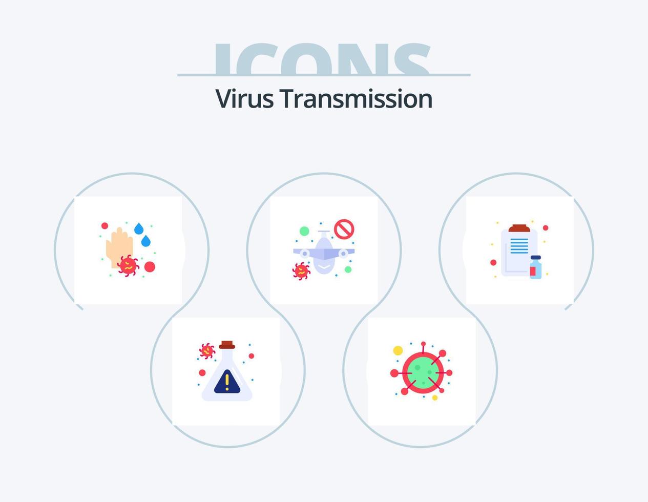 paquete de iconos planos de transmisión de virus 5 diseño de iconos. cuidado de la salud. advertencia. mano. viajar. avión vector