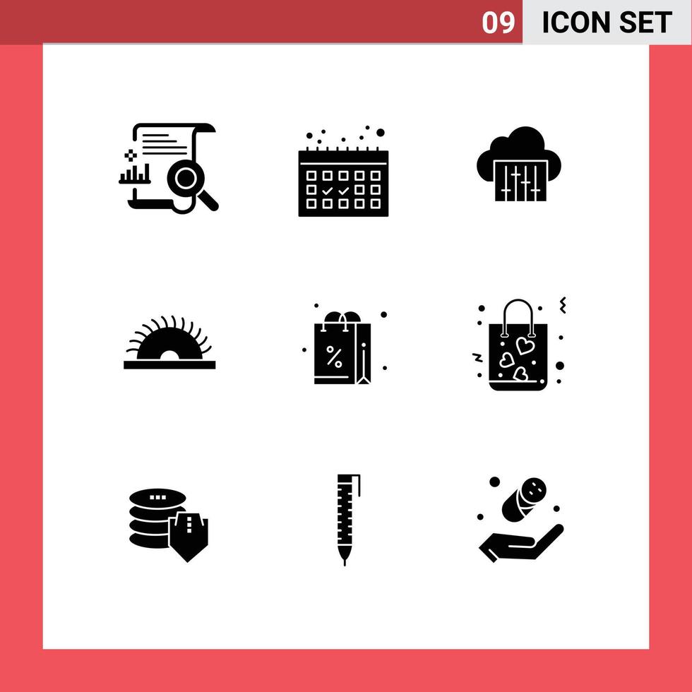 Mobile Interface Solid Glyph Set of 9 Pictograms of gift utensils cloud tool construction Editable Vector Design Elements
