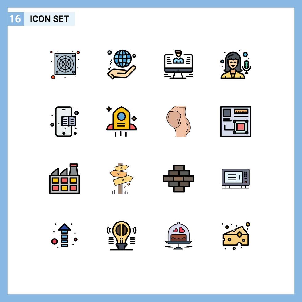 16 User Interface Flat Color Filled Line Pack of modern Signs and Symbols of education book recording user microphone profile Editable Creative Vector Design Elements