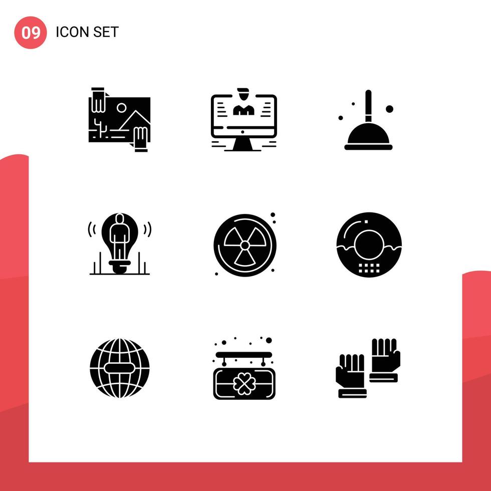 Mobile Interface Solid Glyph Set of 9 Pictograms of person idea report bulb mop Editable Vector Design Elements