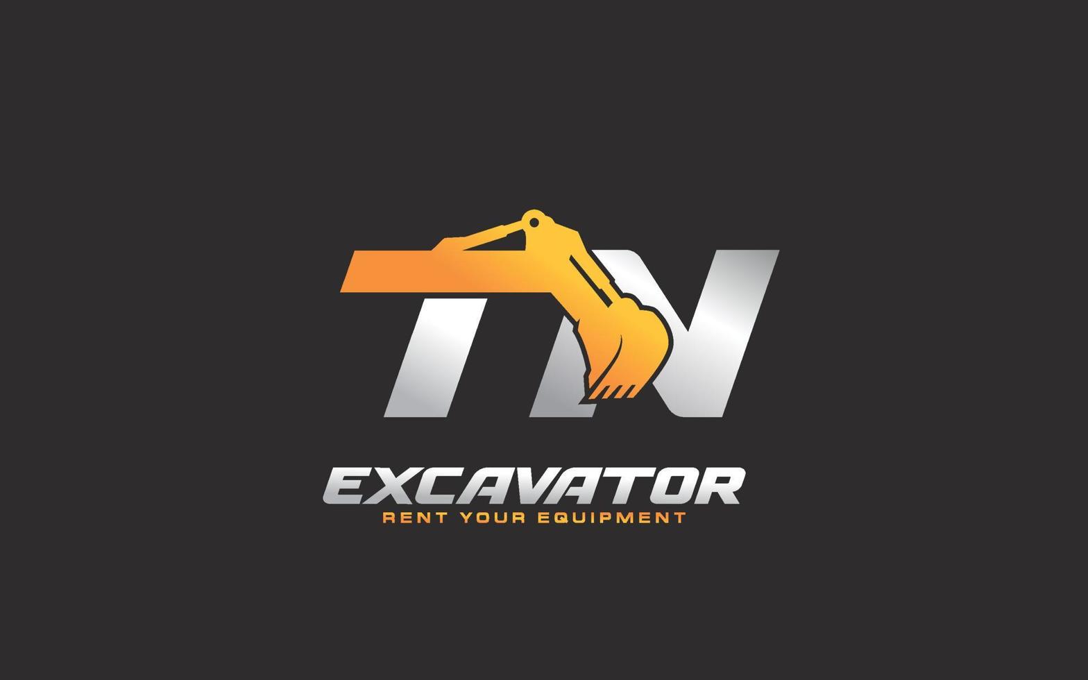 TN logo excavator for construction company. Heavy equipment template vector illustration for your brand.