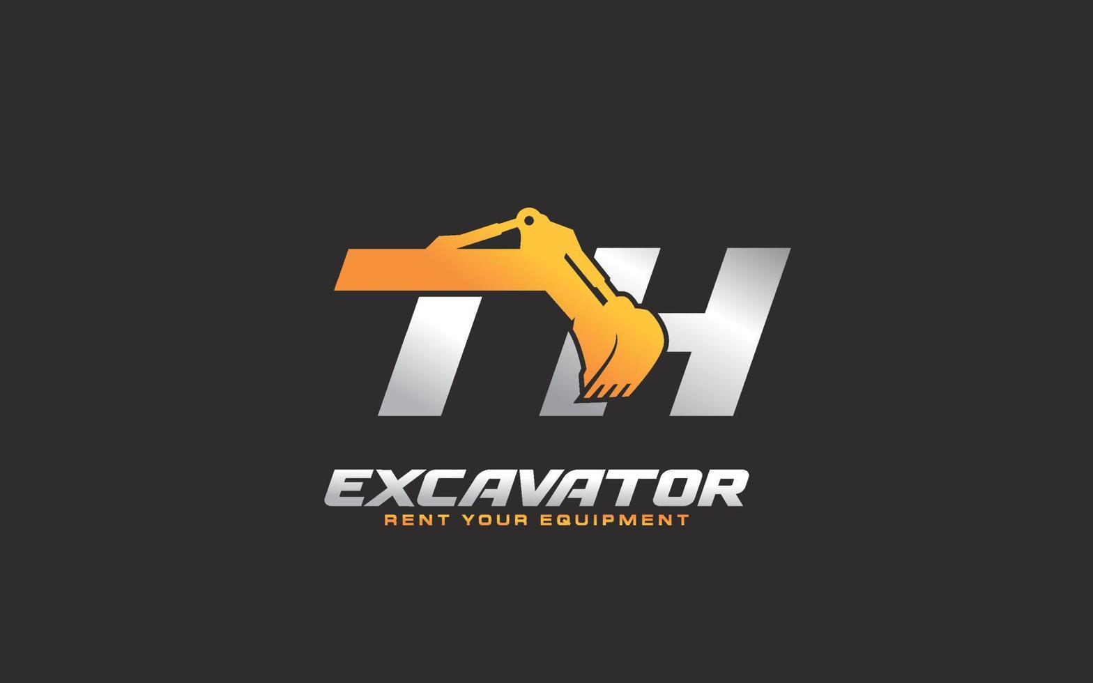 TH logo excavator for construction company. Heavy equipment template vector illustration for your brand.
