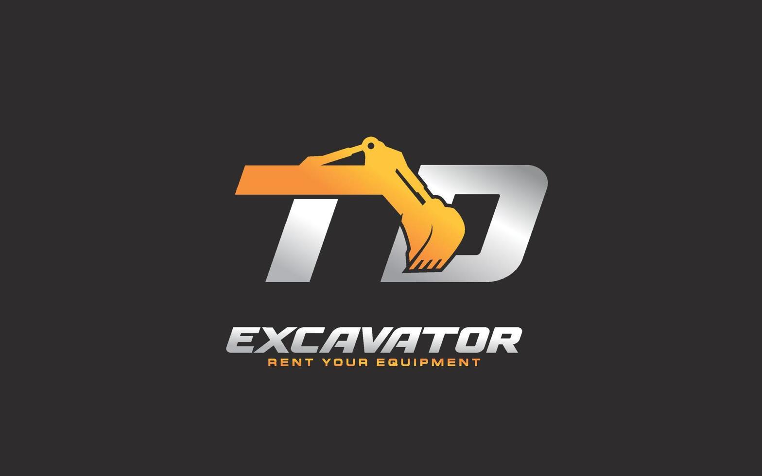 Excavadora con logotipo td para empresa constructora. ilustración de vector de plantilla de equipo pesado para su marca.