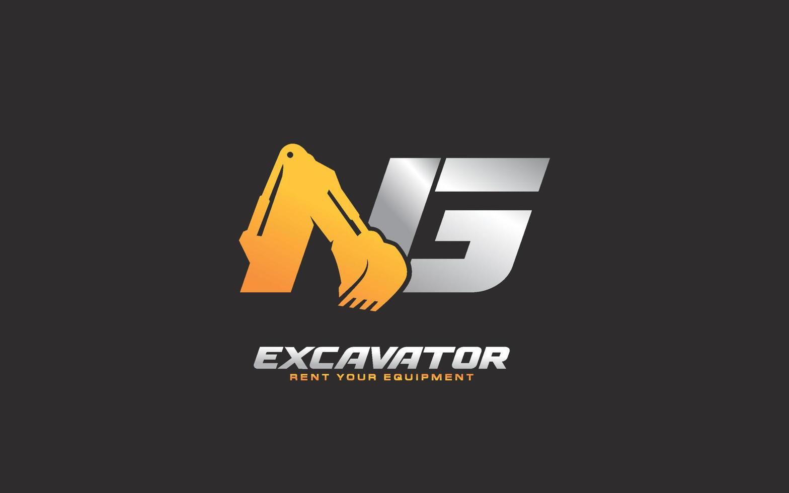 NG logo excavator for construction company. Heavy equipment template vector illustration for your brand.