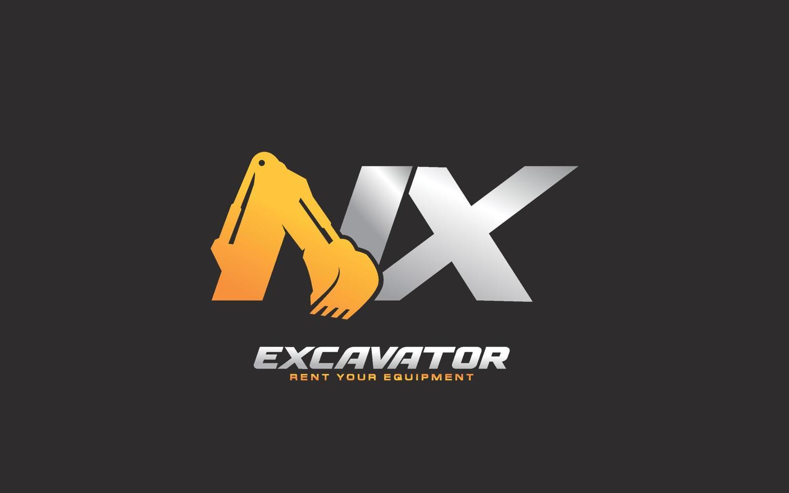 NX logo excavator for construction company. Heavy equipment template vector illustration for your brand.