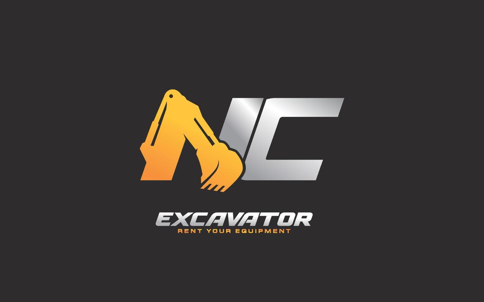 NC logo excavator for construction company. Heavy equipment template vector illustration for your brand.