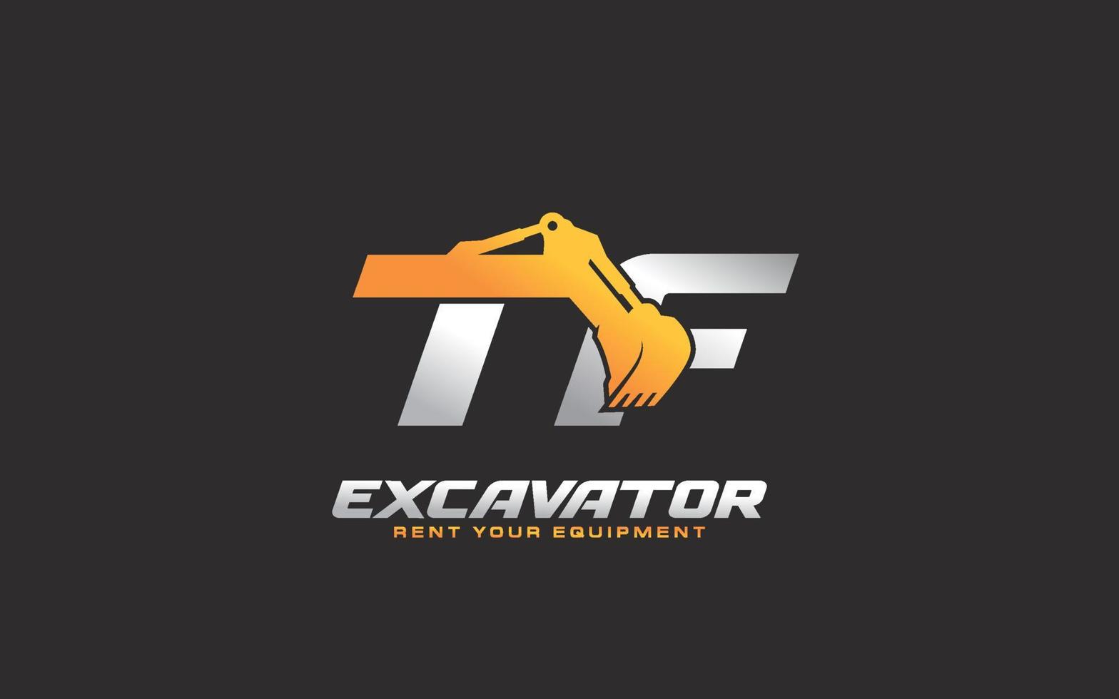 TF logo excavator for construction company. Heavy equipment template vector illustration for your brand.