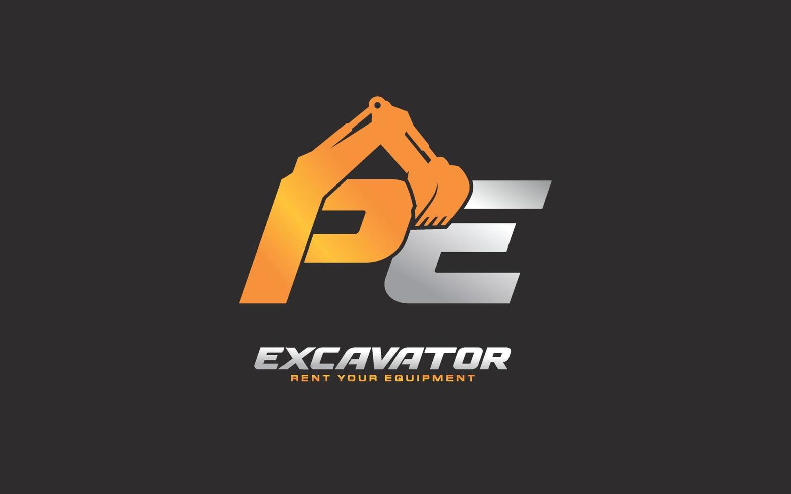 PE logo excavator for construction company. Heavy equipment template vector illustration for your brand.