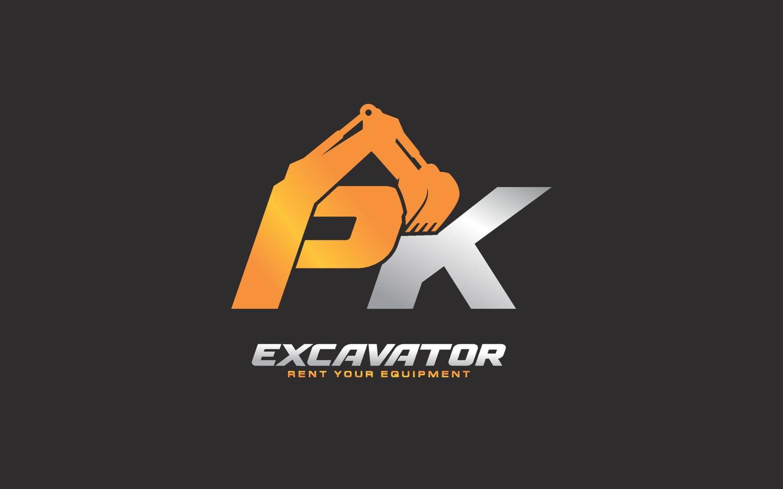 PK logo excavator for construction company. Heavy equipment template vector illustration for your brand.