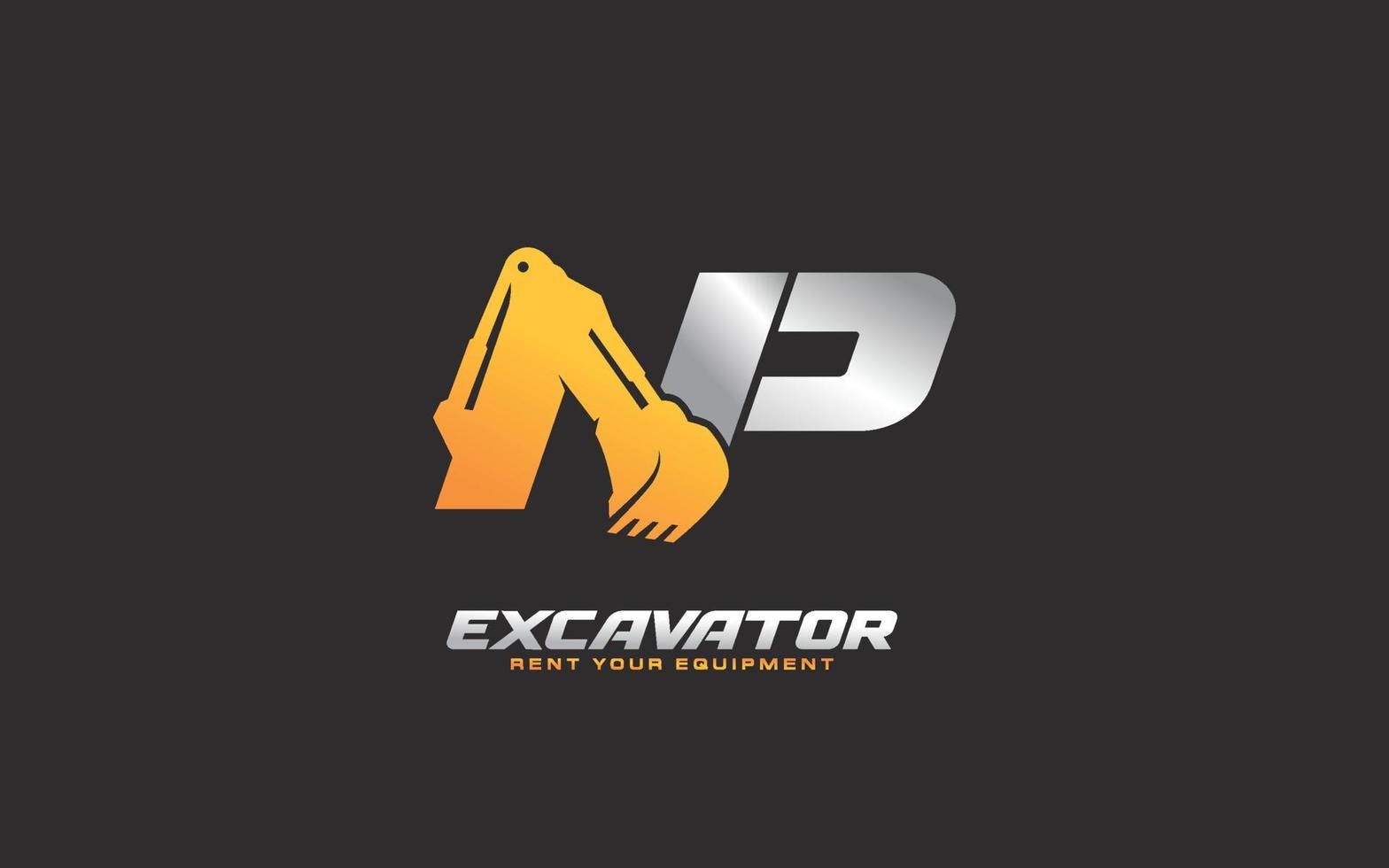 NP logo excavator for construction company. Heavy equipment template vector illustration for your brand.