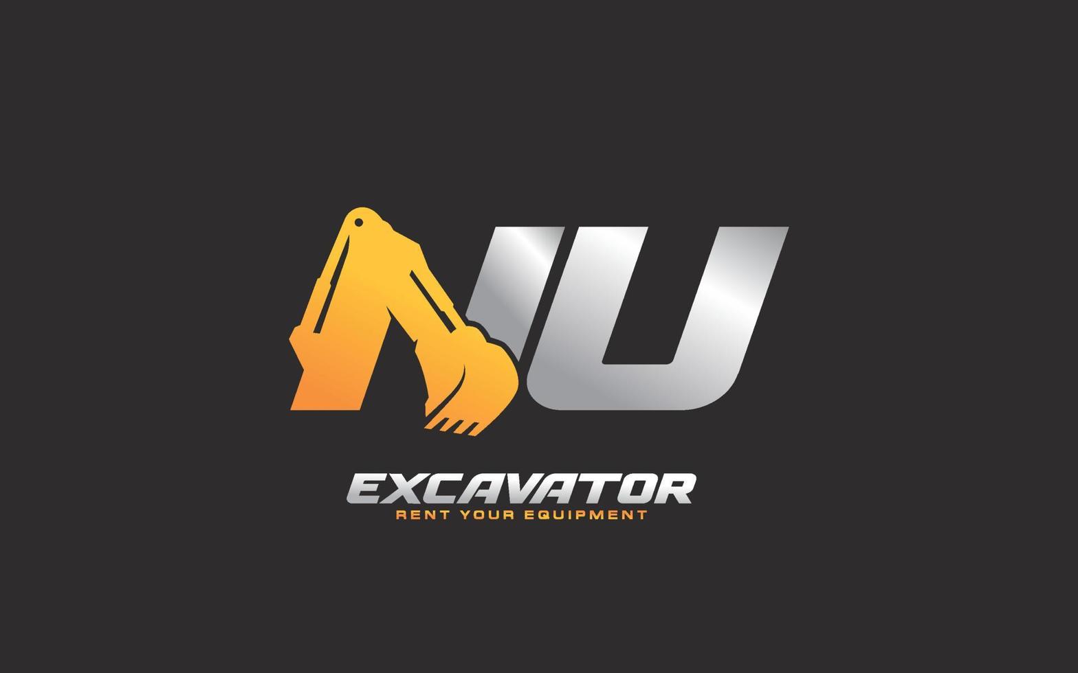 NU logo excavator for construction company. Heavy equipment template vector illustration for your brand.