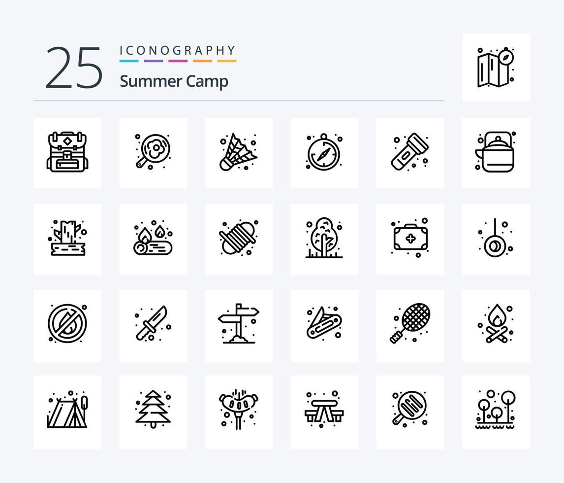 campamento de verano paquete de iconos de 25 líneas que incluye acampar. luz. cámping. Linterna. guía vector