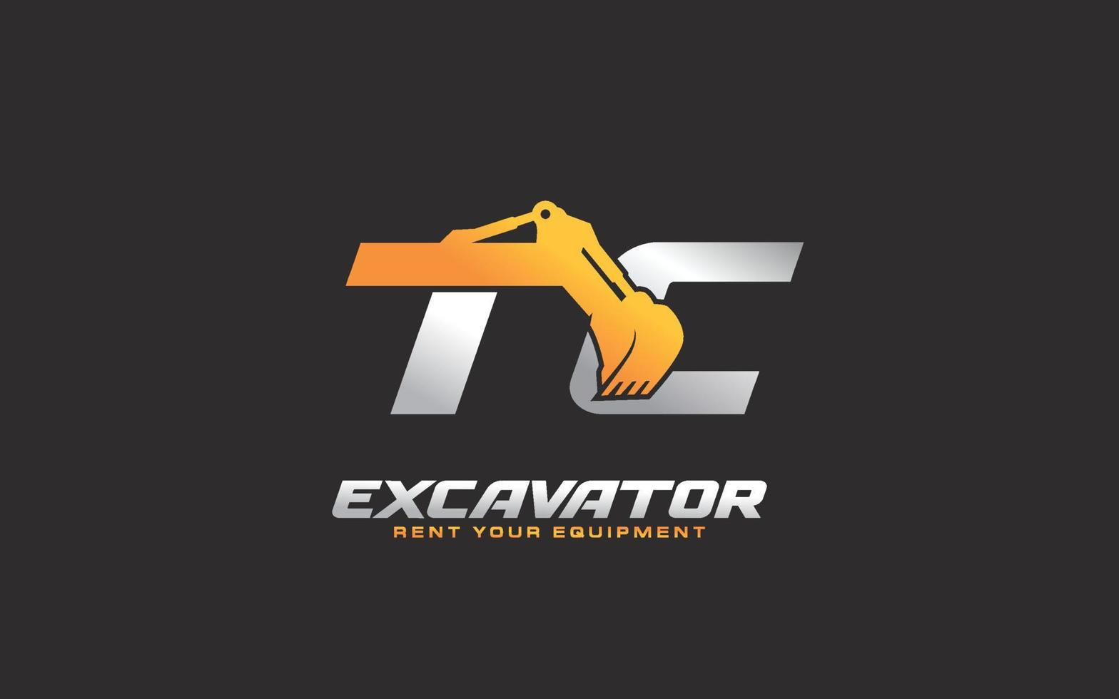 TC logo excavator for construction company. Heavy equipment template vector illustration for your brand.
