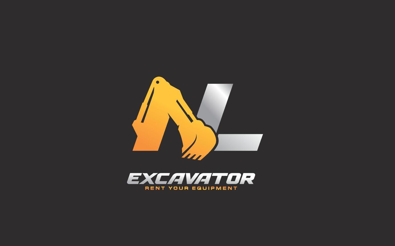 NL logo excavator for construction company. Heavy equipment template vector illustration for your brand.