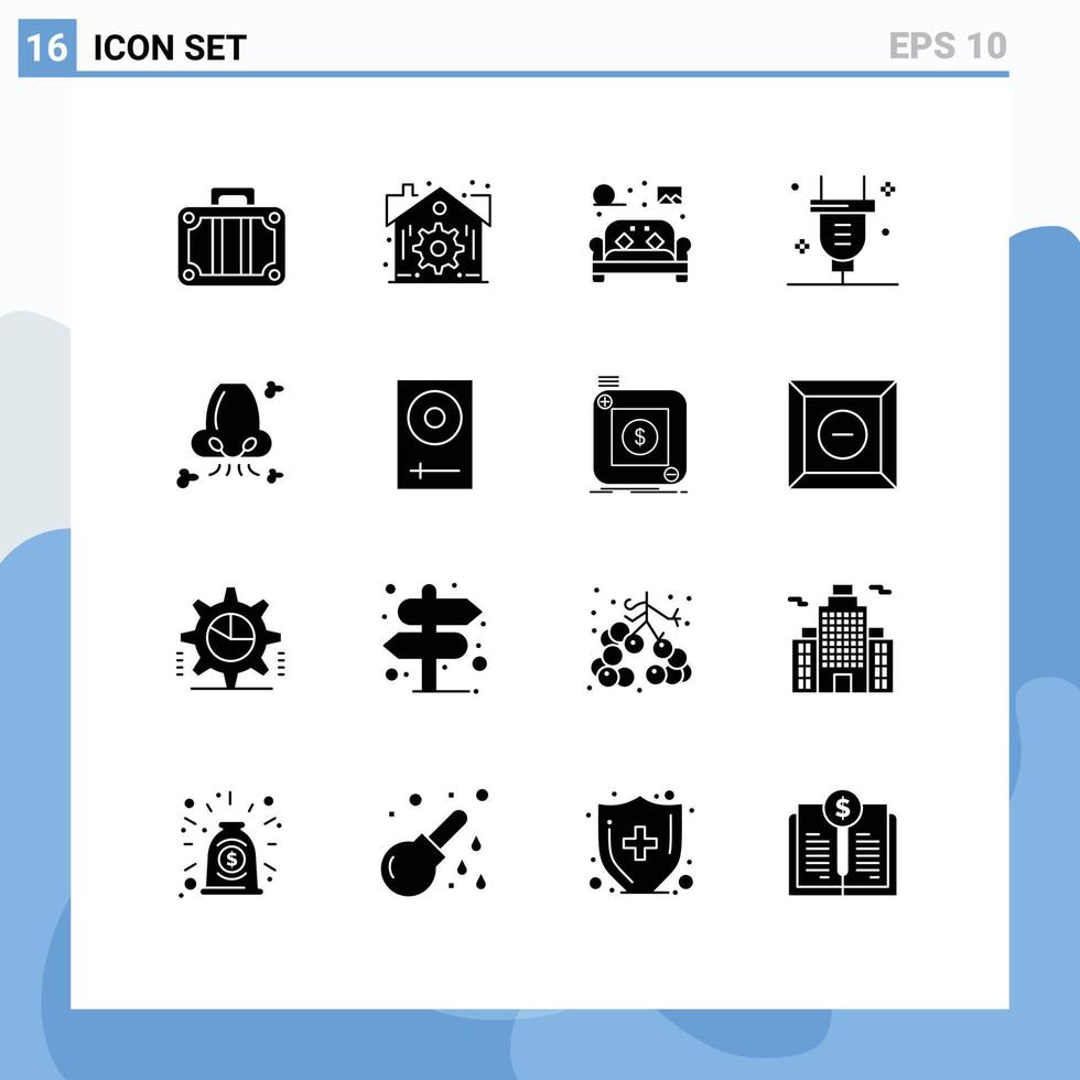 Modern Set of 16 Solid Glyphs and symbols such as breathe electricity furniture switch plug Editable Vector Design Elements