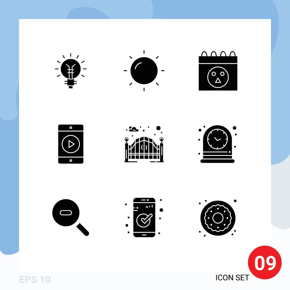 9 Universal Solid Glyph Signs Symbols of street gate gate calendar garden movie Editable Vector Design Elements