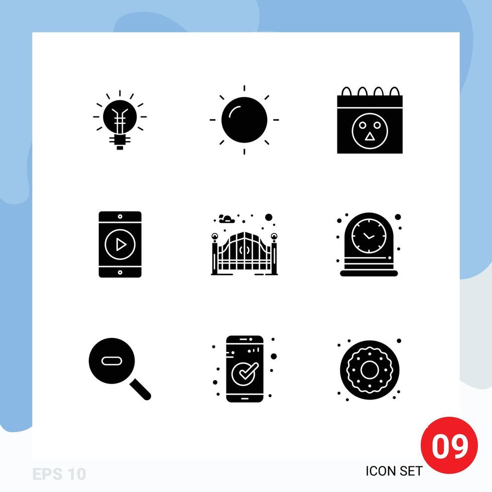 9 signos de glifos sólidos universales símbolos de puerta de la calle puerta calendario jardín película elementos de diseño vectorial editables vector