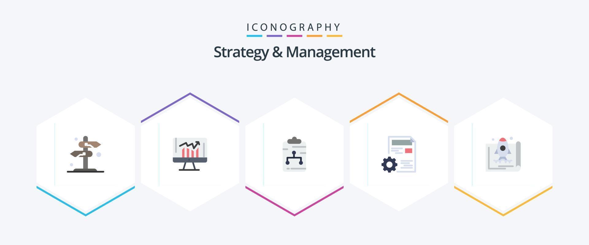 Strategy And Management 25 Flat icon pack including setting. document. kpi. paper. network vector
