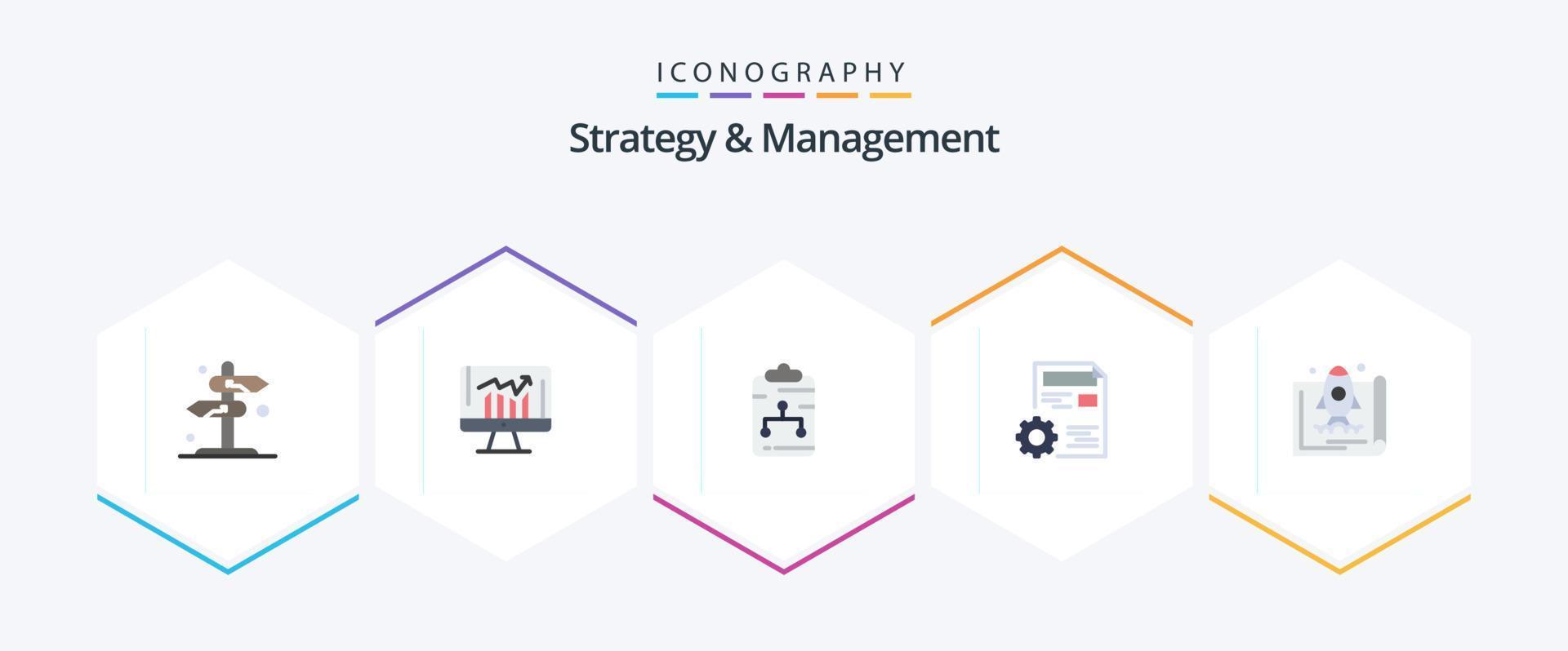 estrategia y gestión 25 paquete de iconos planos que incluye la configuración. documento. kpi. papel. la red vector