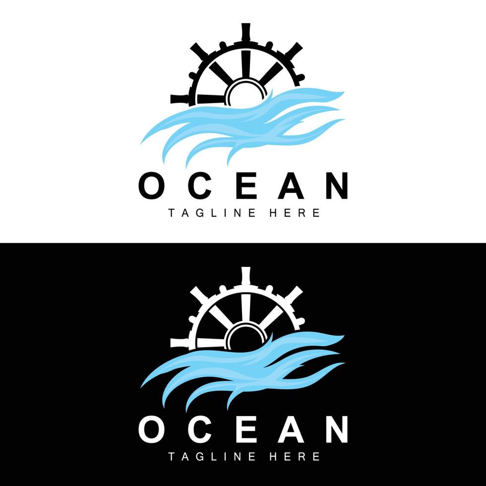 Ship Steering Logo, Ocean Icons Ship Steering Vector With Ocean Waves, Sailboat Anchor And Rope, Company Brand Sailing Design