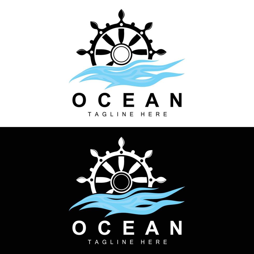 Ship Steering Logo, Ocean Icons Ship Steering Vector With Ocean Waves, Sailboat Anchor And Rope, Company Brand Sailing Design