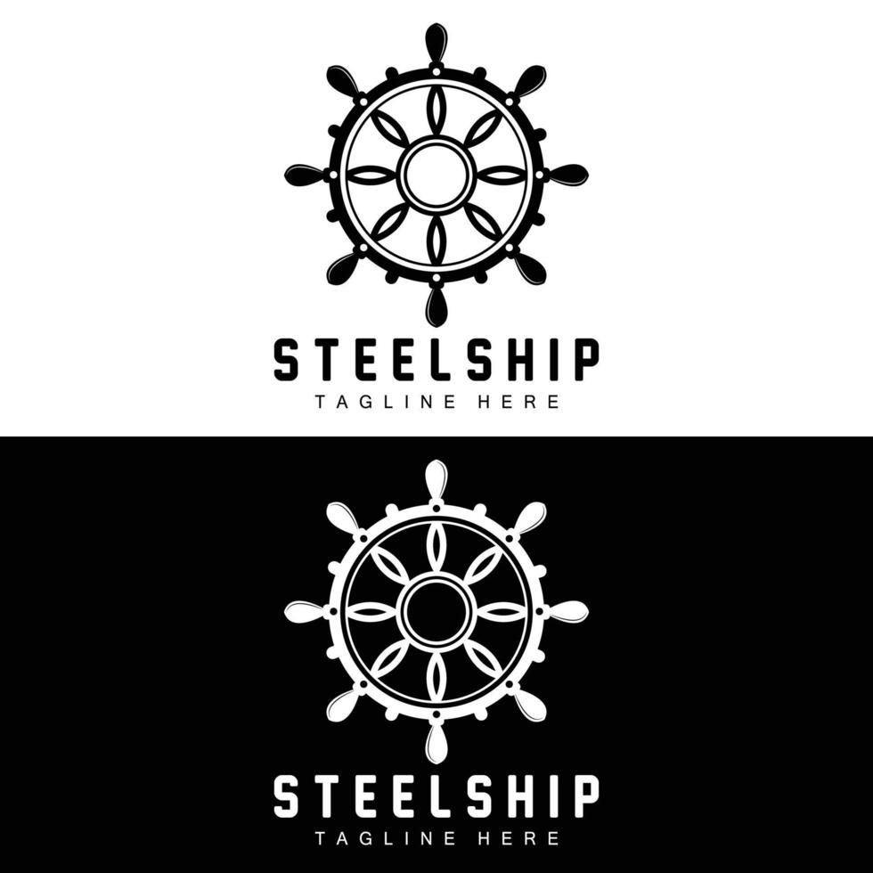 Ship Steering Logo, Ocean Icons Ship Steering Vector With Ocean Waves, Sailboat Anchor And Rope, Company Brand Sailing Design