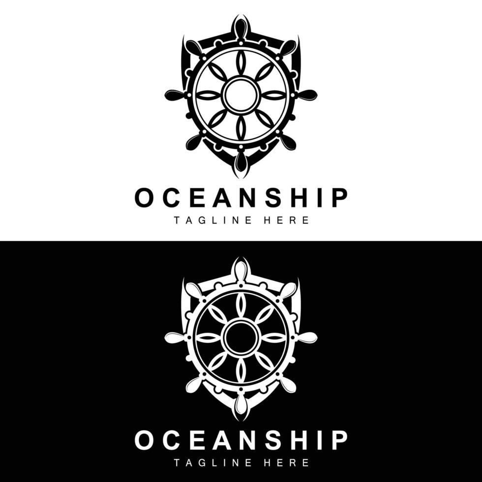 Ship Steering Logo, Ocean Icons Ship Steering Vector With Ocean Waves, Sailboat Anchor And Rope, Company Brand Sailing Design