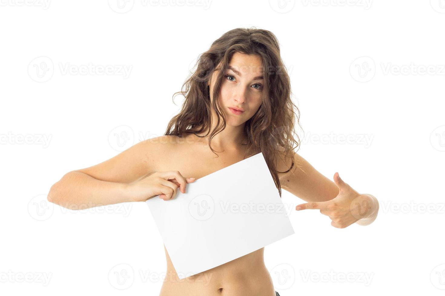 nude brunette girl with placard photo