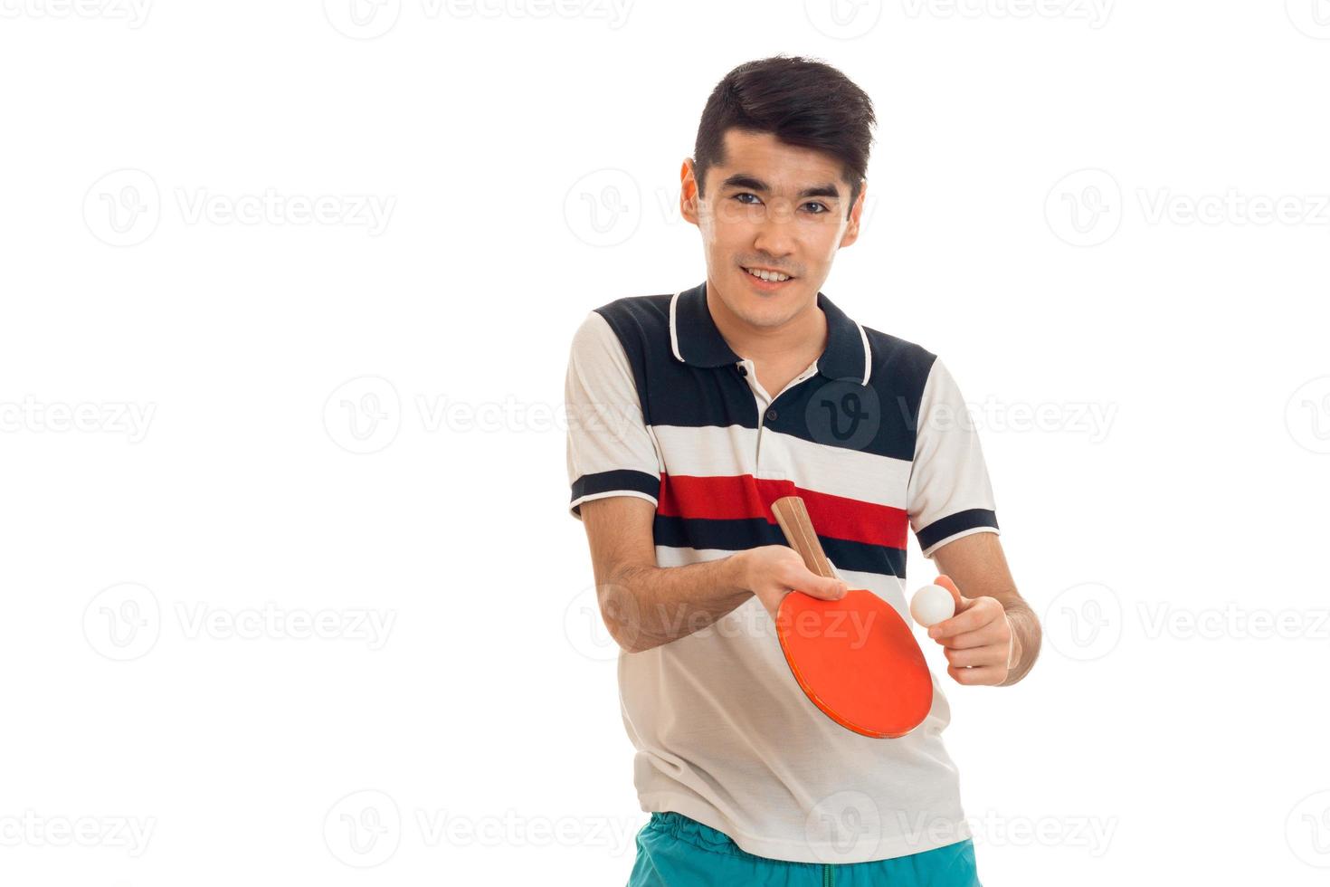 happy young sports man playing ping-pong isolated on white background photo