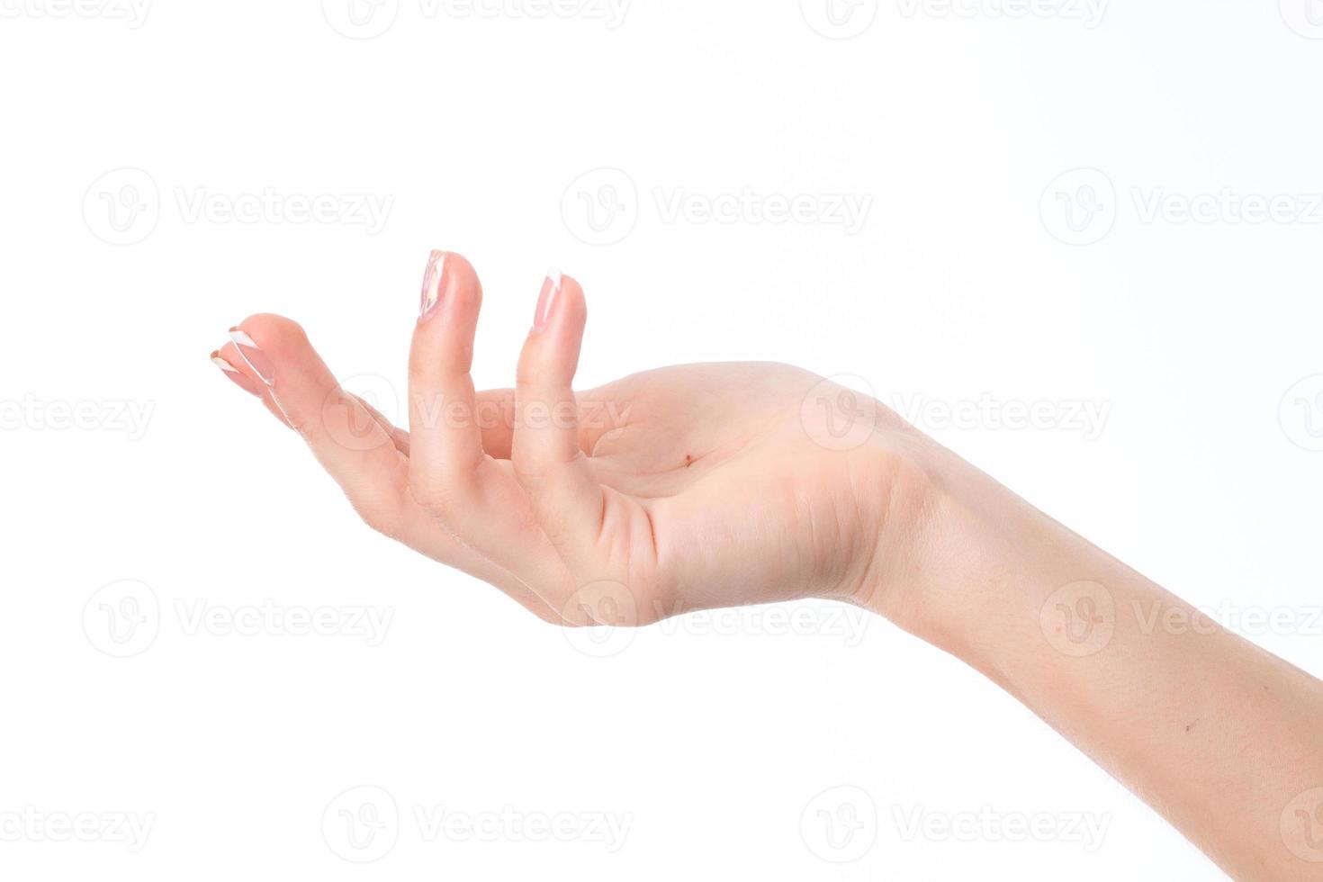 female hand showing the gesture with upraised palms up and fingers isolated on white background photo